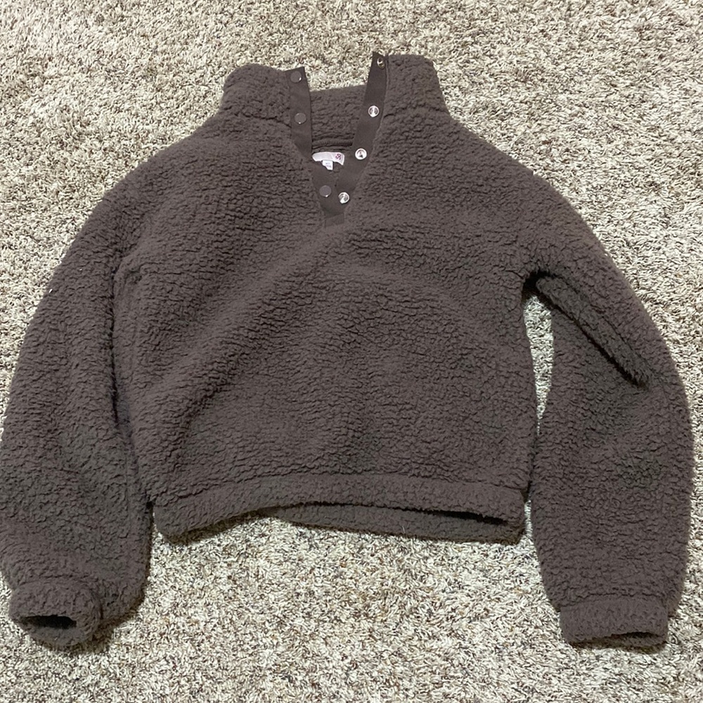 Girls Purple brownish fuzzy quarter button up sweatshirt
